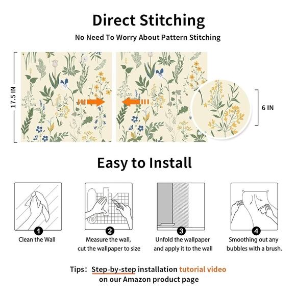 Floral Peel & Stick Wallpaper Beige 17.5 x 394 In Peel Off Renter Friendly s25 - Picture 5 of 7